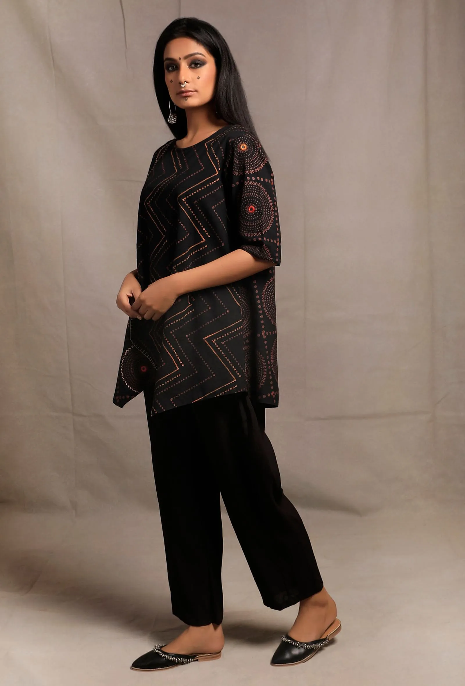 Set of 2: Black Hand Block Printed & Embroidered Short Tunic with Black Flex Narrow Pants