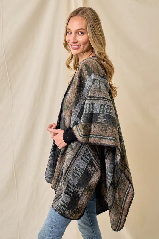 Shawl Wrap Poncho Aztec Pattern - Olive Multi