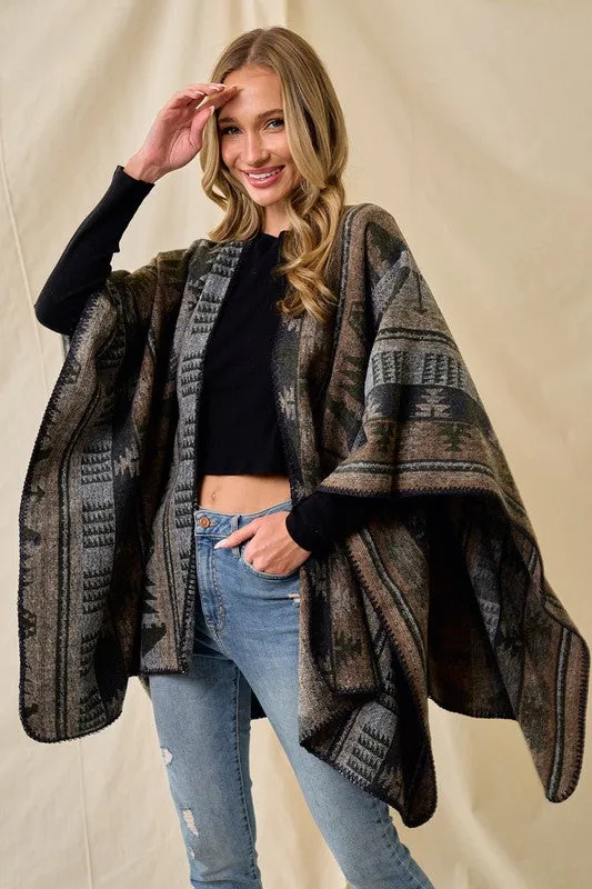 Shawl Wrap Poncho Aztec Pattern - Olive Multi