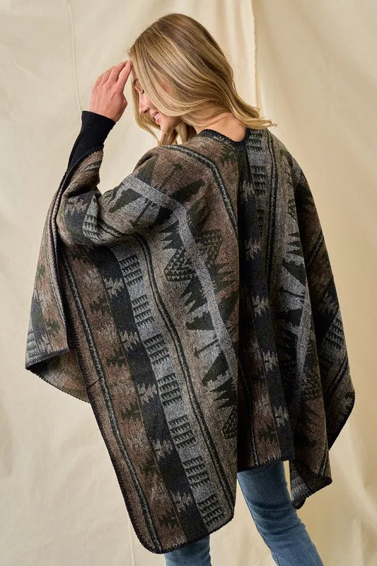 Shawl Wrap Poncho Aztec Pattern - Olive Multi