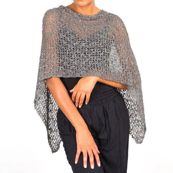 Short Popcorn Knit Poncho - Grey, Bali