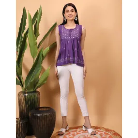 Shwet Women Purple Chikankari Sleevless Yoke Top