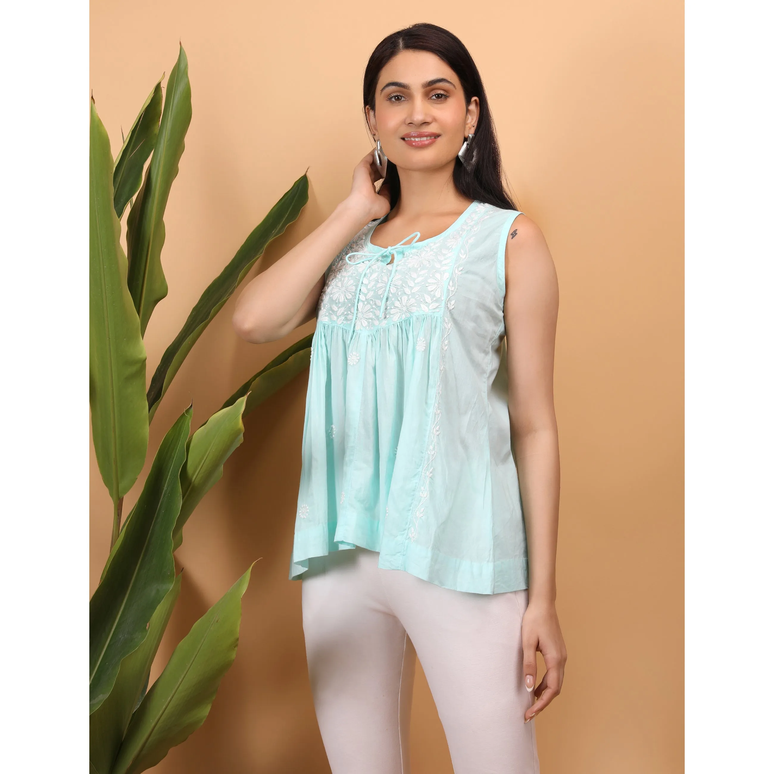 Shwet Women Sea Blue  Chikankari Sleevless Yoke Top