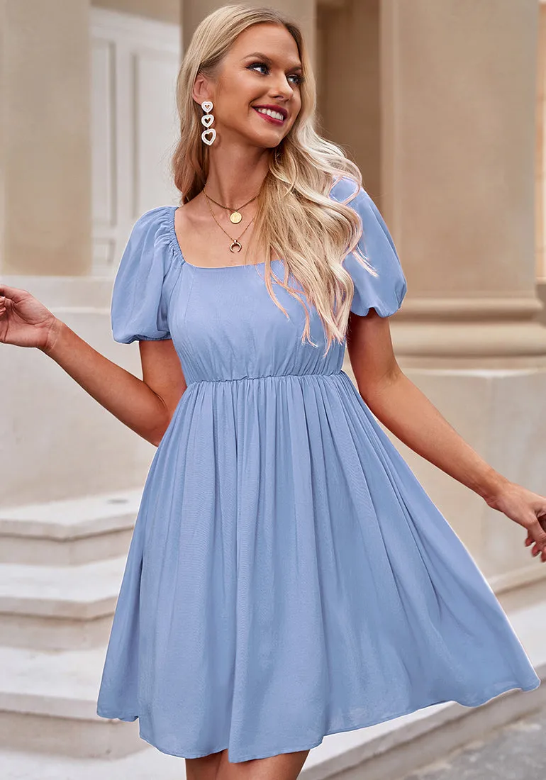 Sky Blue Women's Off the Shoulder Puff Sleeve Square Neck A-Line Babydoll Dresses