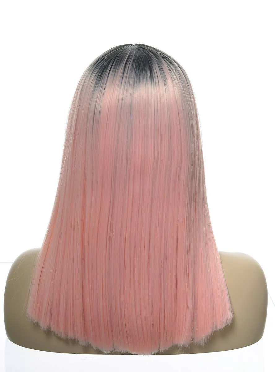 Soft Pink Blunt Cut Lace Front Fashion Wig with Dark Roots