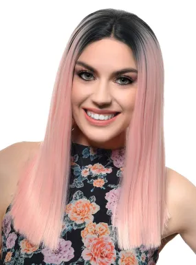 Soft Pink Blunt Cut Lace Front Fashion Wig with Dark Roots