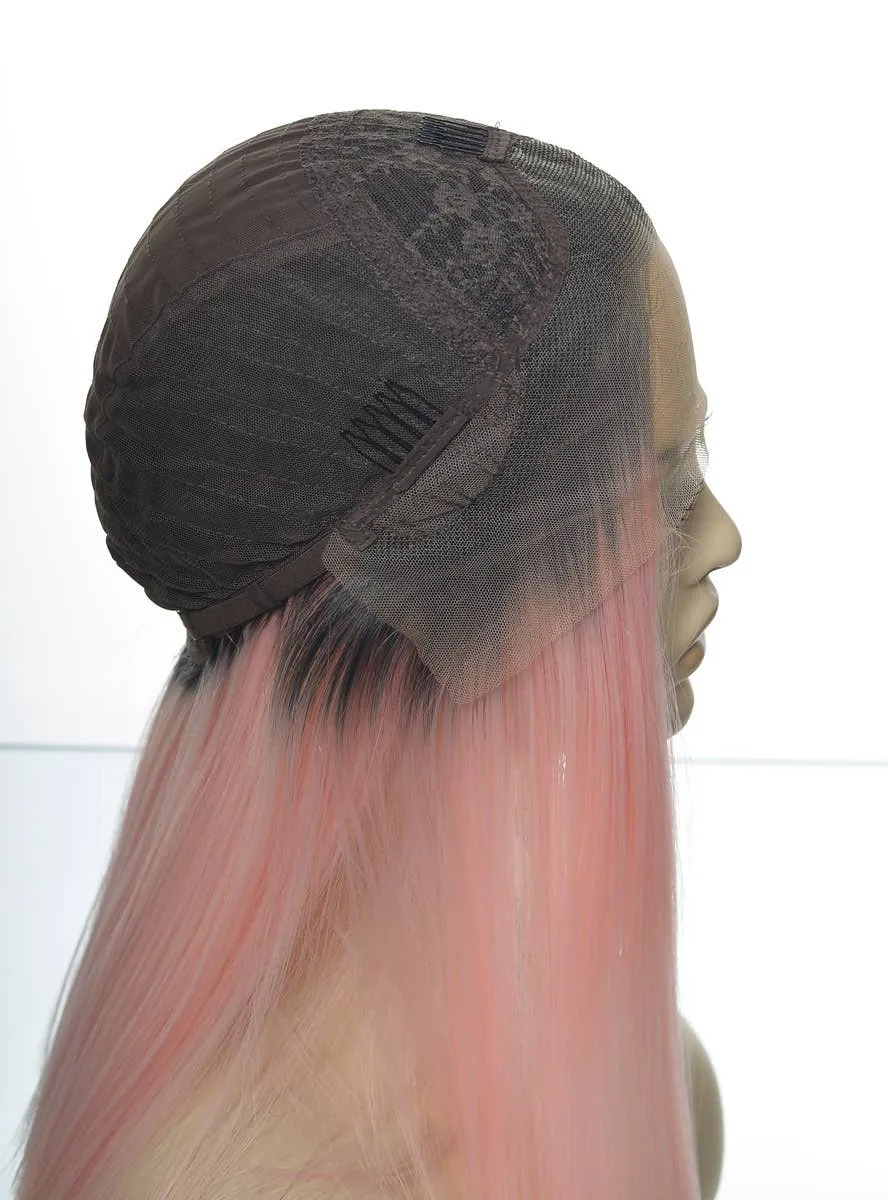 Soft Pink Blunt Cut Lace Front Fashion Wig with Dark Roots