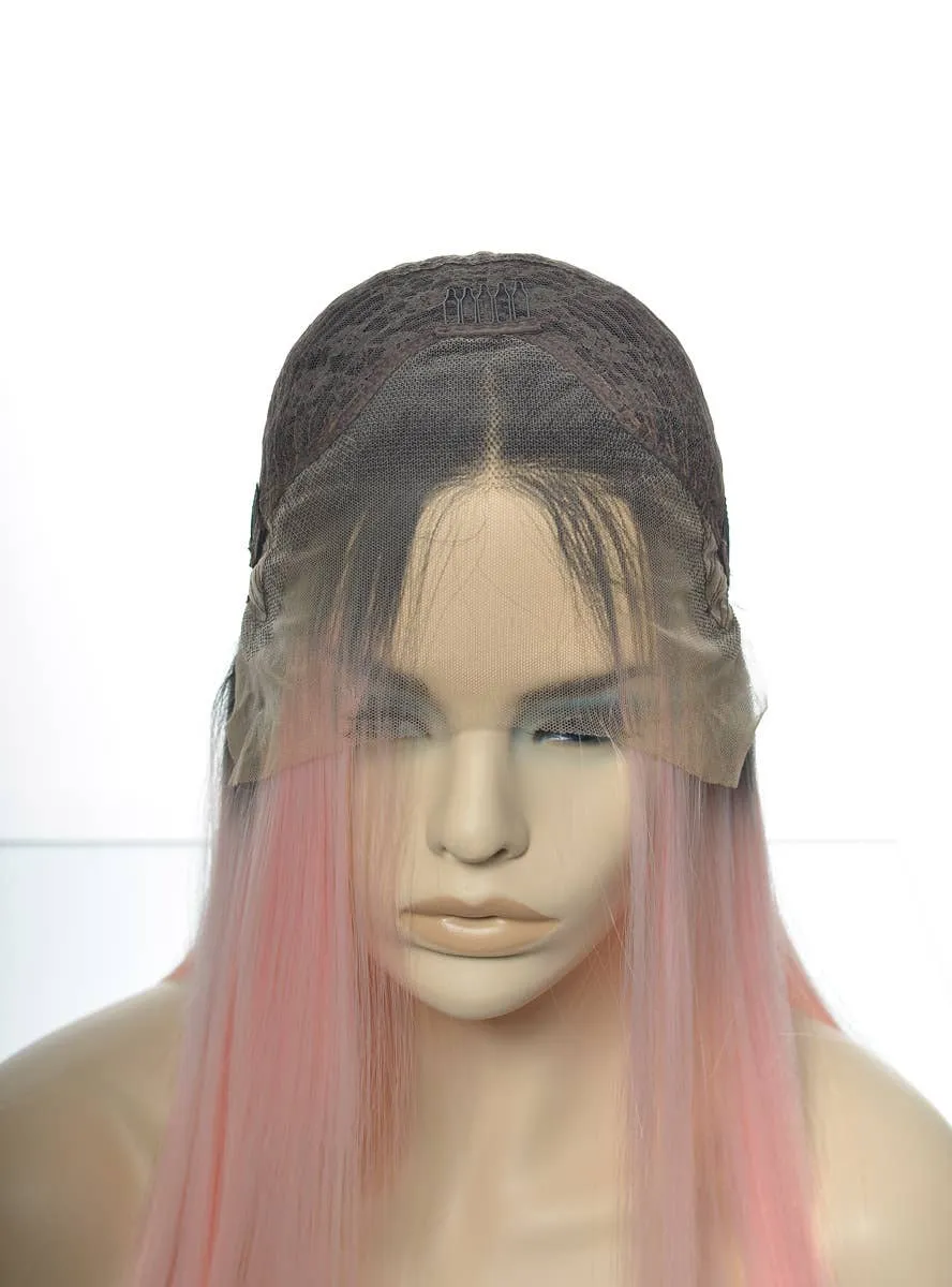 Soft Pink Blunt Cut Lace Front Fashion Wig with Dark Roots