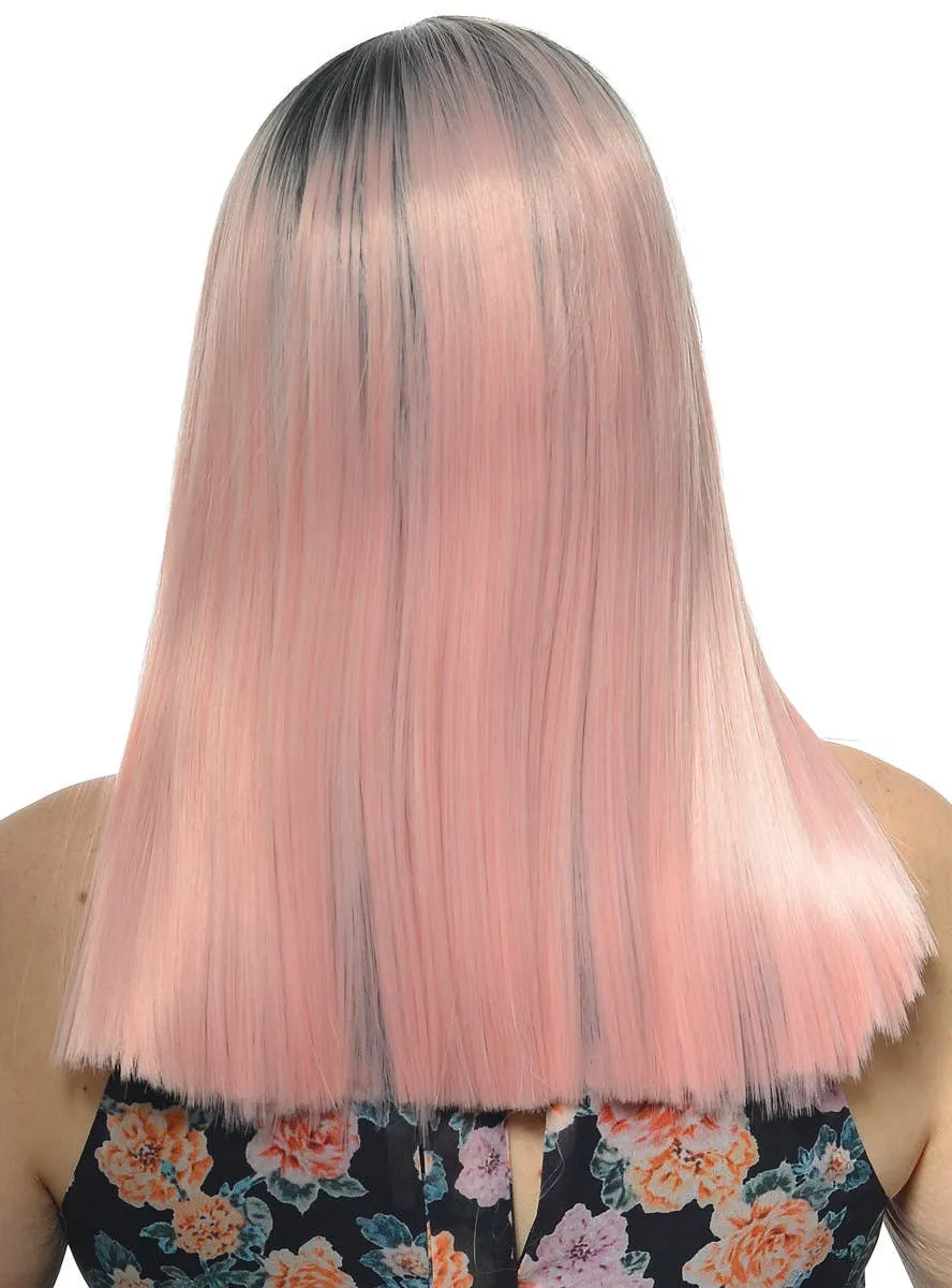 Soft Pink Blunt Cut Lace Front Fashion Wig with Dark Roots