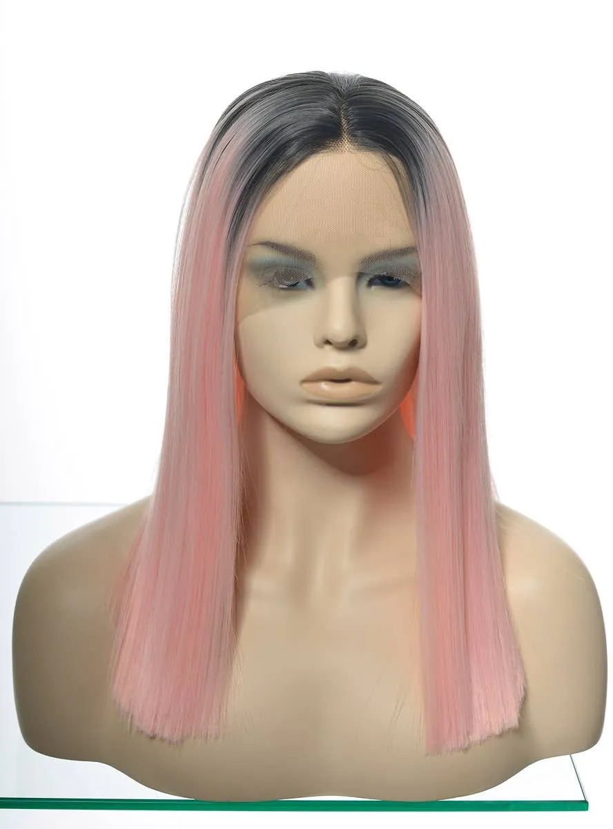 Soft Pink Blunt Cut Lace Front Fashion Wig with Dark Roots