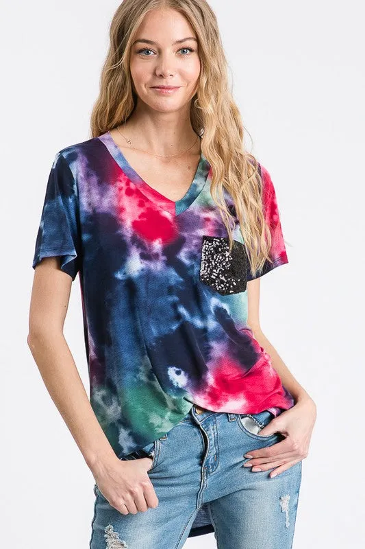 Splatter Tie Dye Sequin Top, Navy