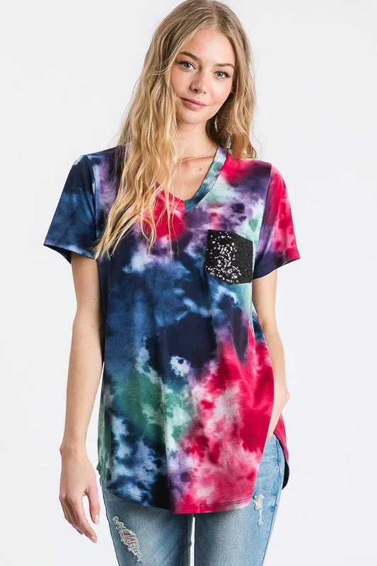 Splatter Tie Dye Sequin Top, Navy