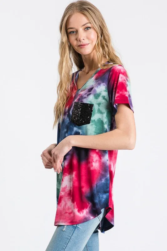 Splatter Tie Dye Sequin Top, Navy