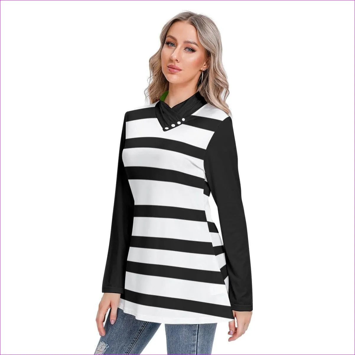 Striped Women's Long-sleeved Heap-neck Slim Casual Tunic Blouse