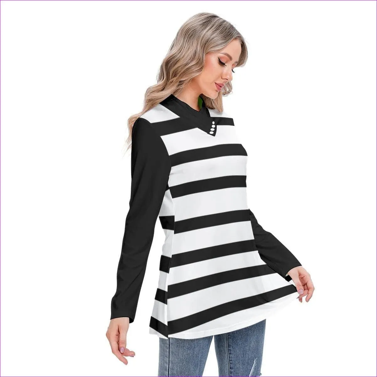 Striped Women's Long-sleeved Heap-neck Slim Casual Tunic Blouse