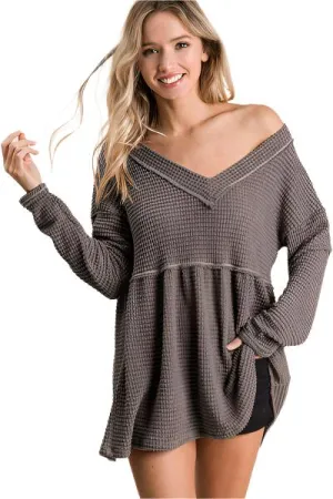 TEEK - Mocha Waffle Knit V-Neck Babydoll Blouse