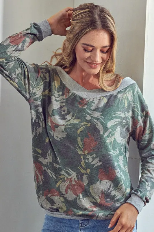 TEEK - PLUS SIZE OLIVE WIDE V-NECK SWEATSHIRTS