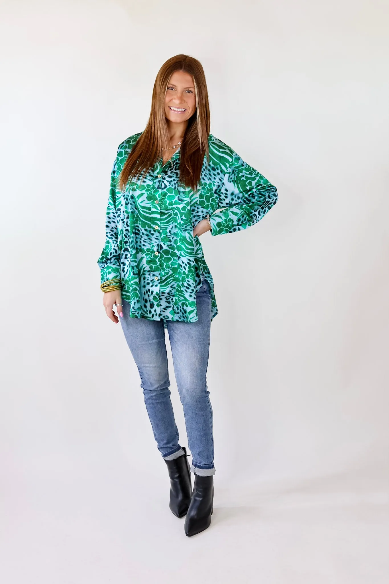 Tell Me Something Good Mixed Animal Print Long Sleeve Button Up Top in Green