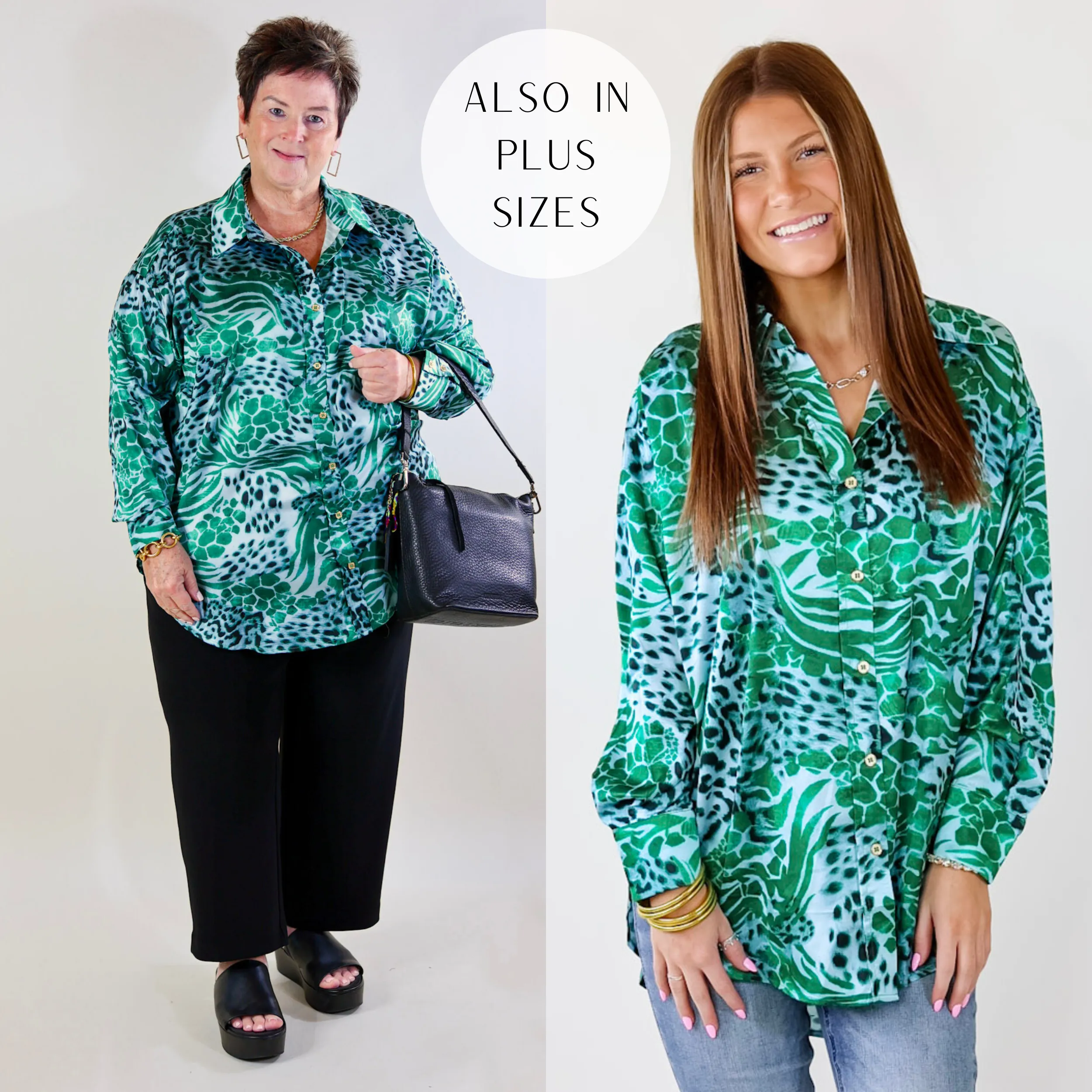 Tell Me Something Good Mixed Animal Print Long Sleeve Button Up Top in Green