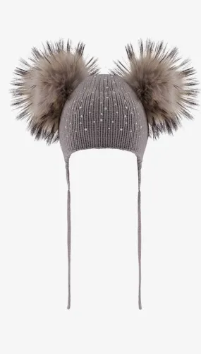 Toddler Crystal Double Fur Pom Wool Beanie Hat