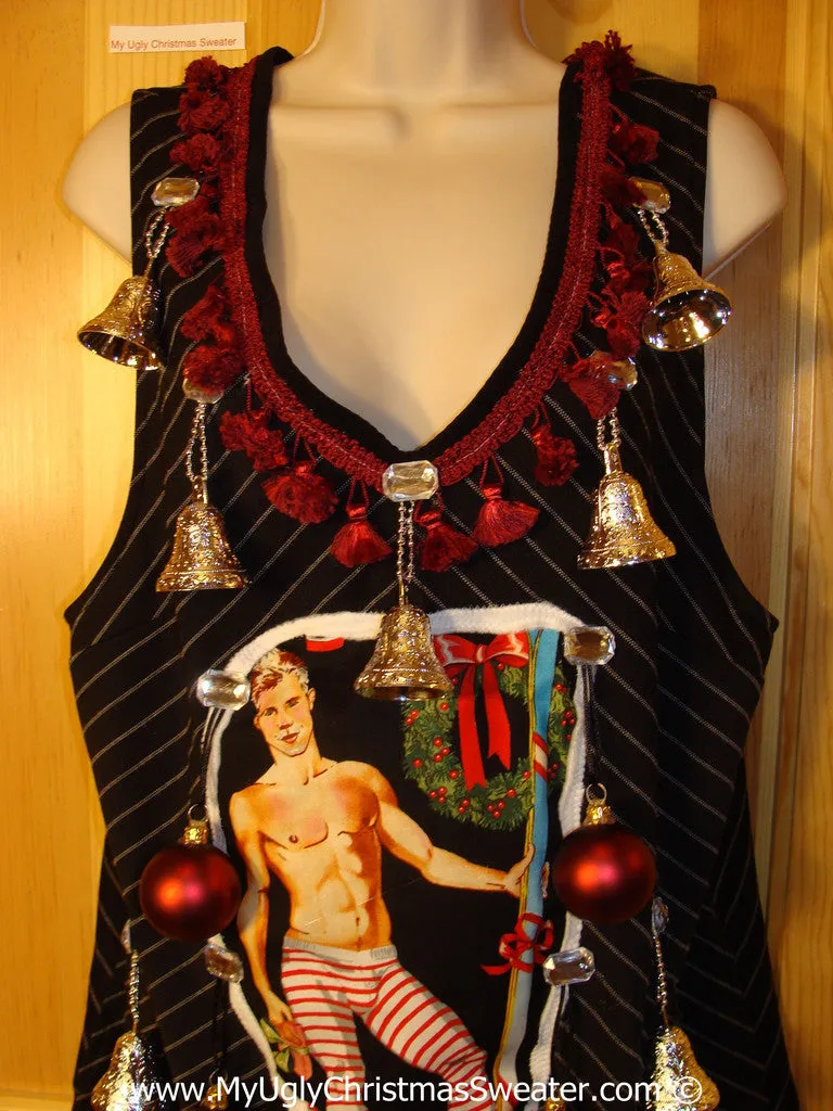 Ugly Christmas Sweater Party Tacky Dress Hottie Guy & Real Ornaments (d81)