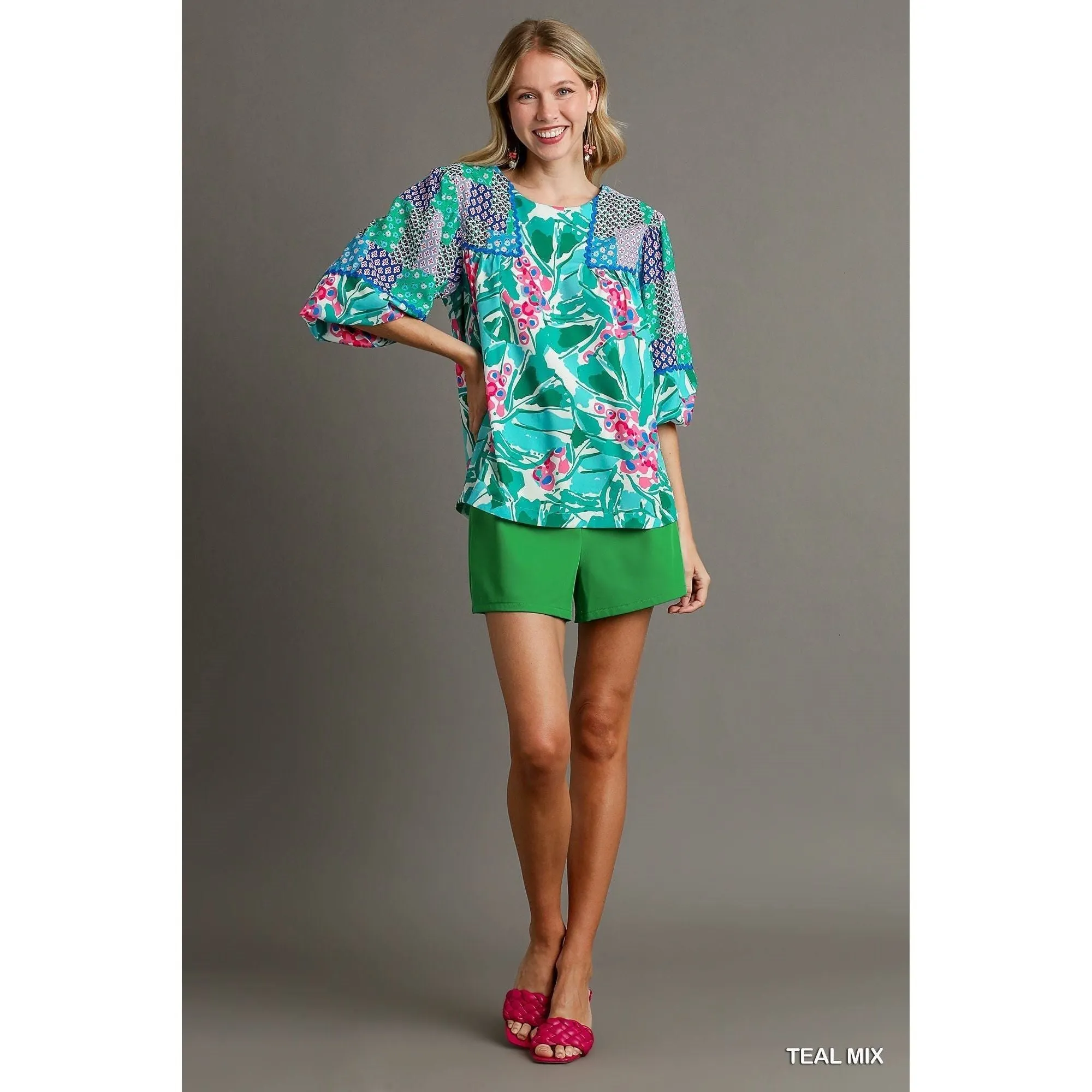 Umgee Teal Floral Mixed Print Tunic Top