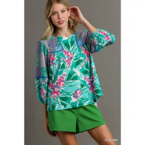 Umgee Teal Floral Mixed Print Tunic Top