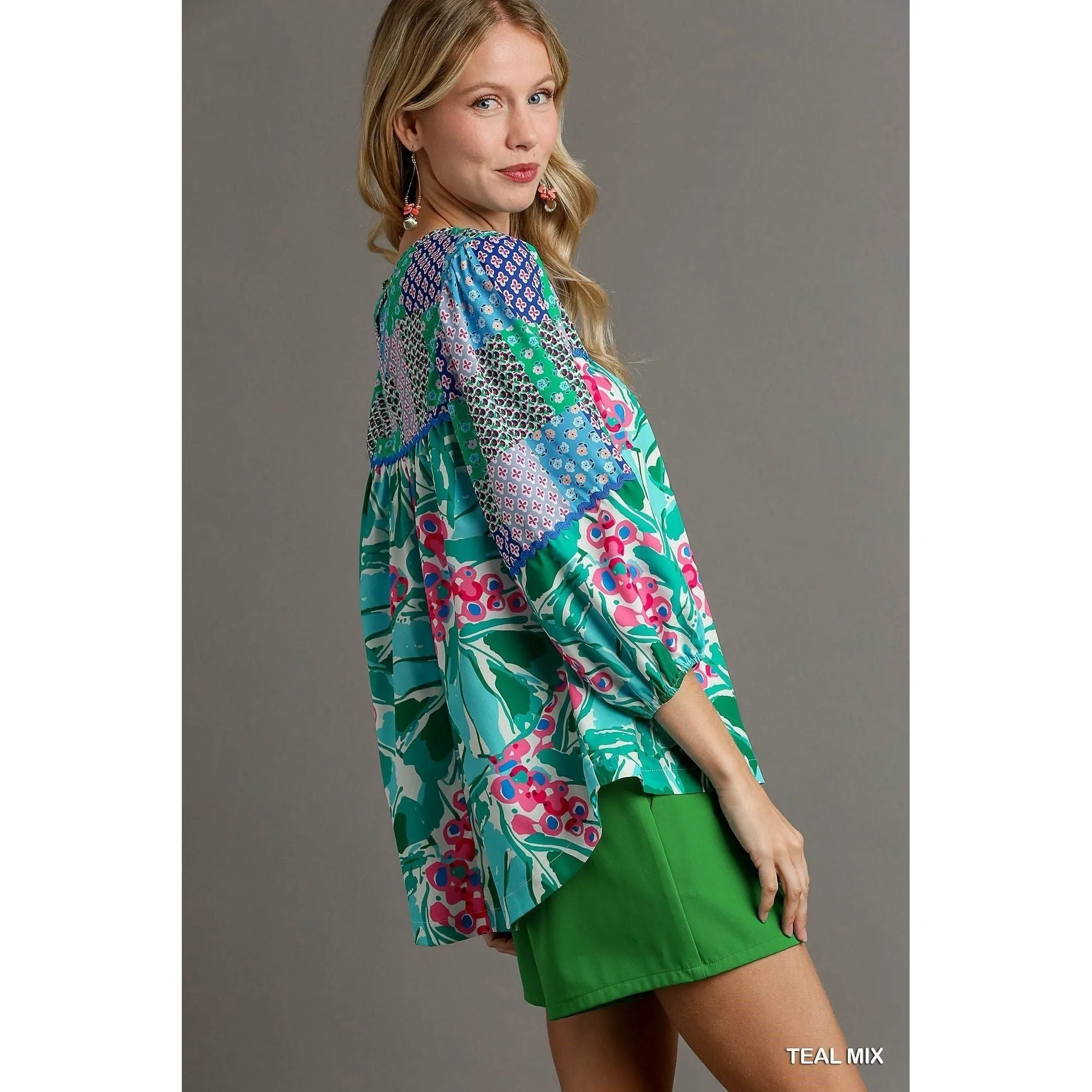 Umgee Teal Floral Mixed Print Tunic Top