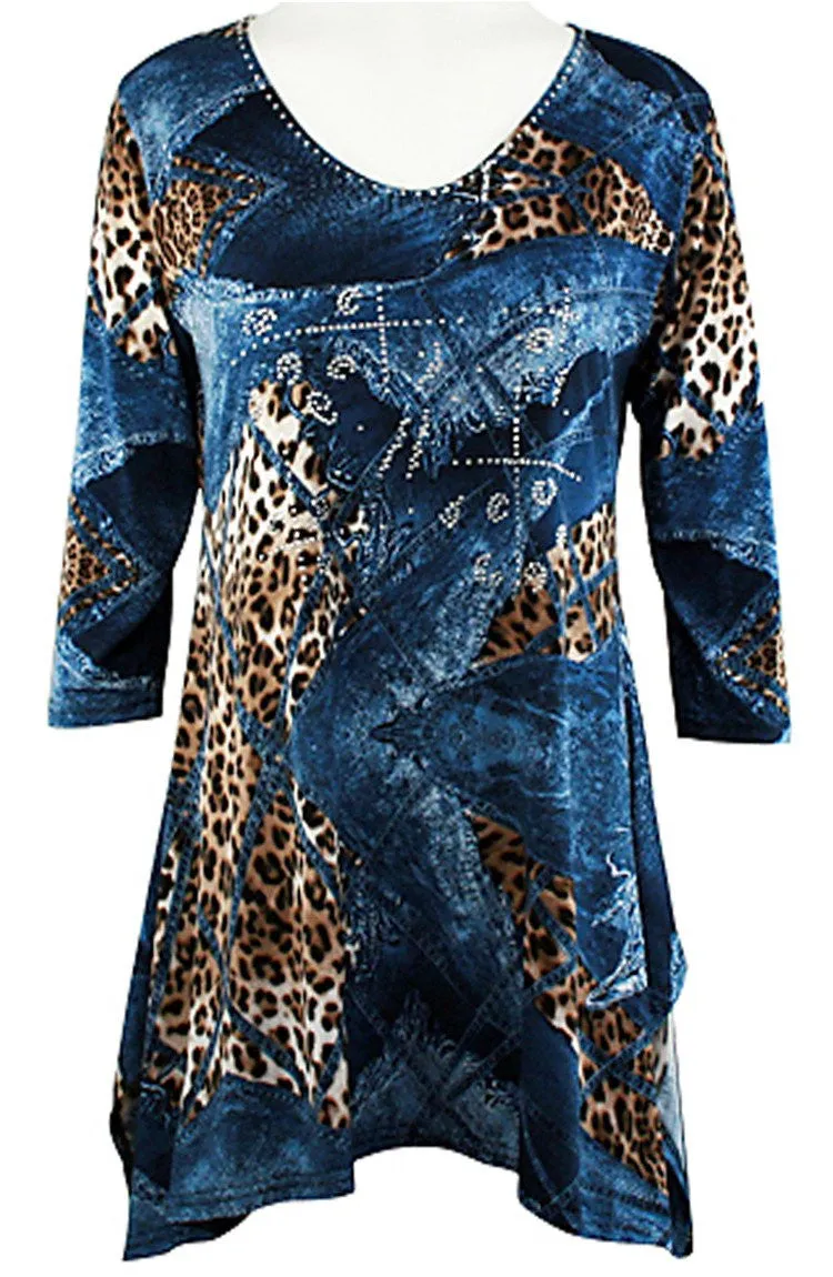 Valentina Signa - Denim Animal, 3/4 Sleeve Sharkbite Tunic Rhinestone Accents