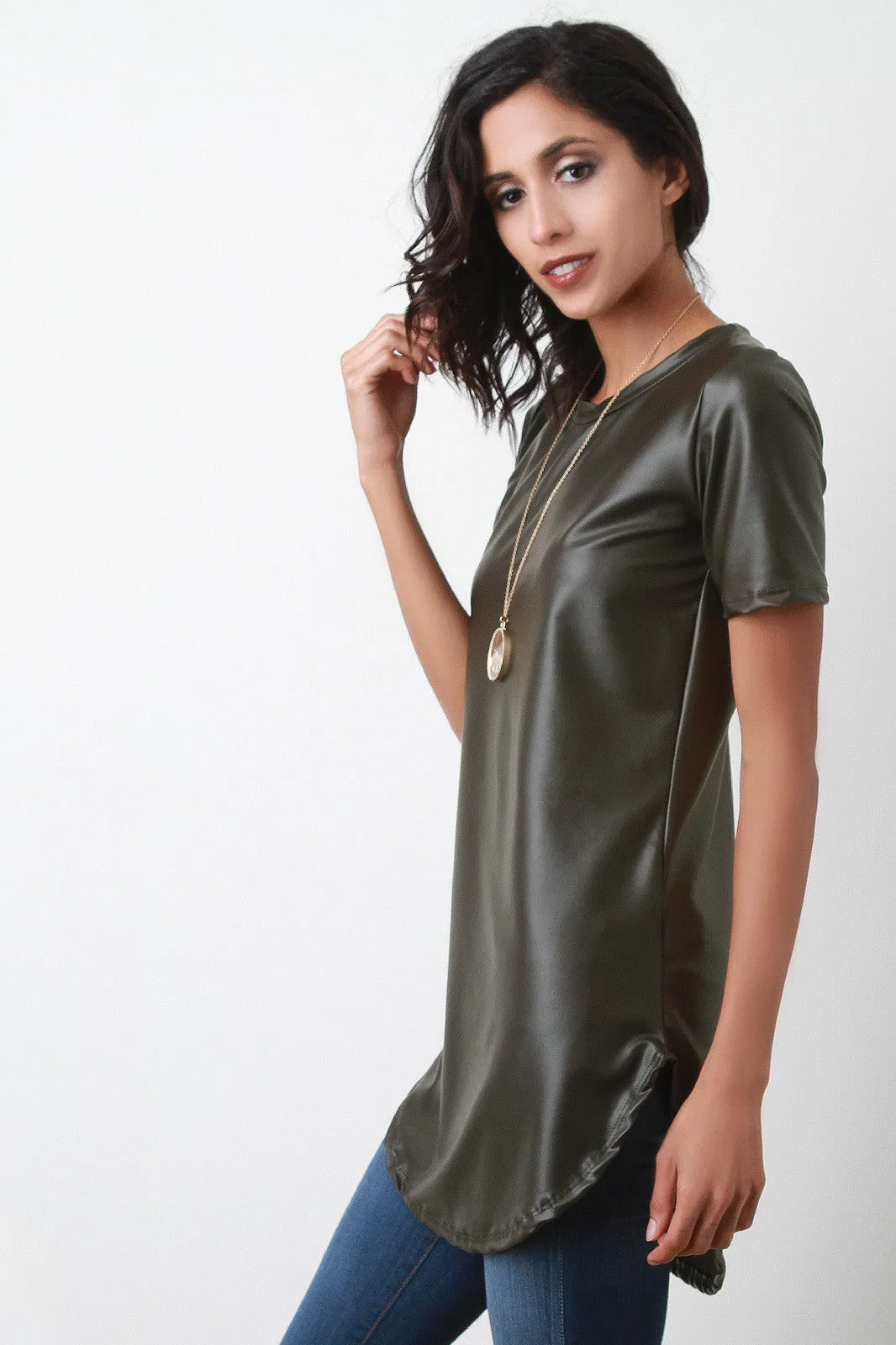 Vegan Leather Round Hem Tunic Top