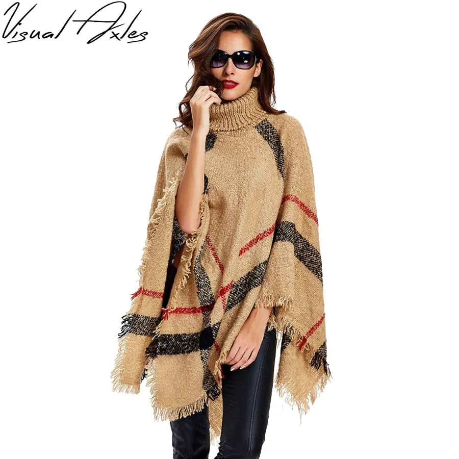 VenusFox Fashion Winter Wool Plaid Knitting Poncho 7 Colors