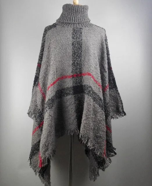 VenusFox Fashion Winter Wool Plaid Knitting Poncho 7 Colors