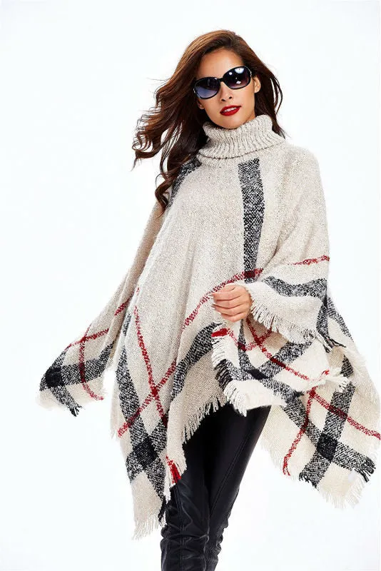 VenusFox Fashion Winter Wool Plaid Knitting Poncho 7 Colors