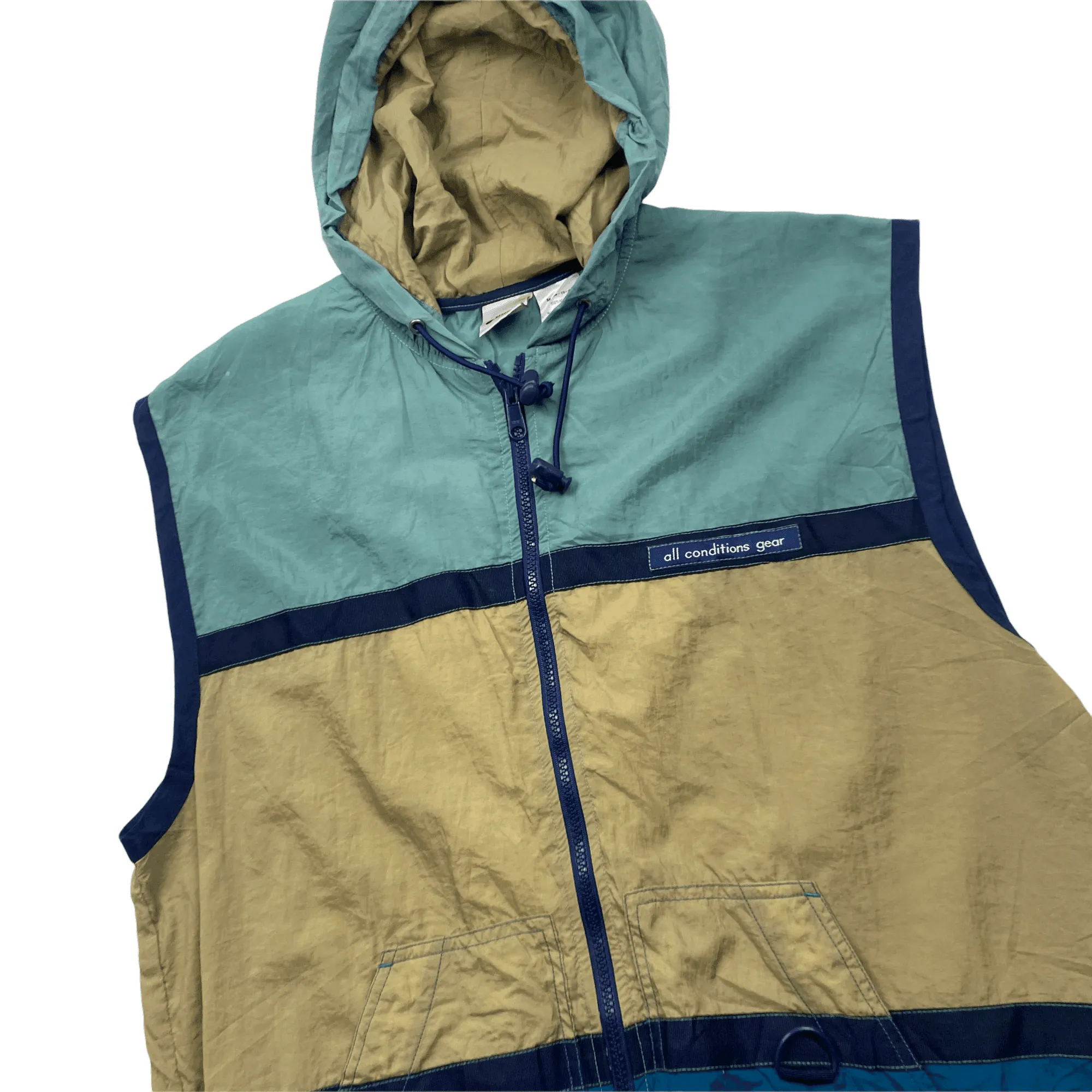 Vintage 90s Green, Beige   Blue Nike ACG Spell-Out Waterproof Gilet/ Vest - Extra Large