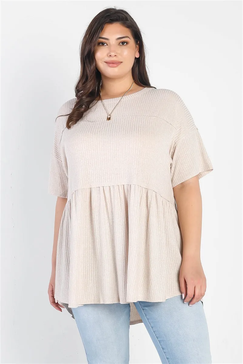 Voluptuous ( ) Plus Ribbed Trim Detail Short Sleeve Flare Hem Top