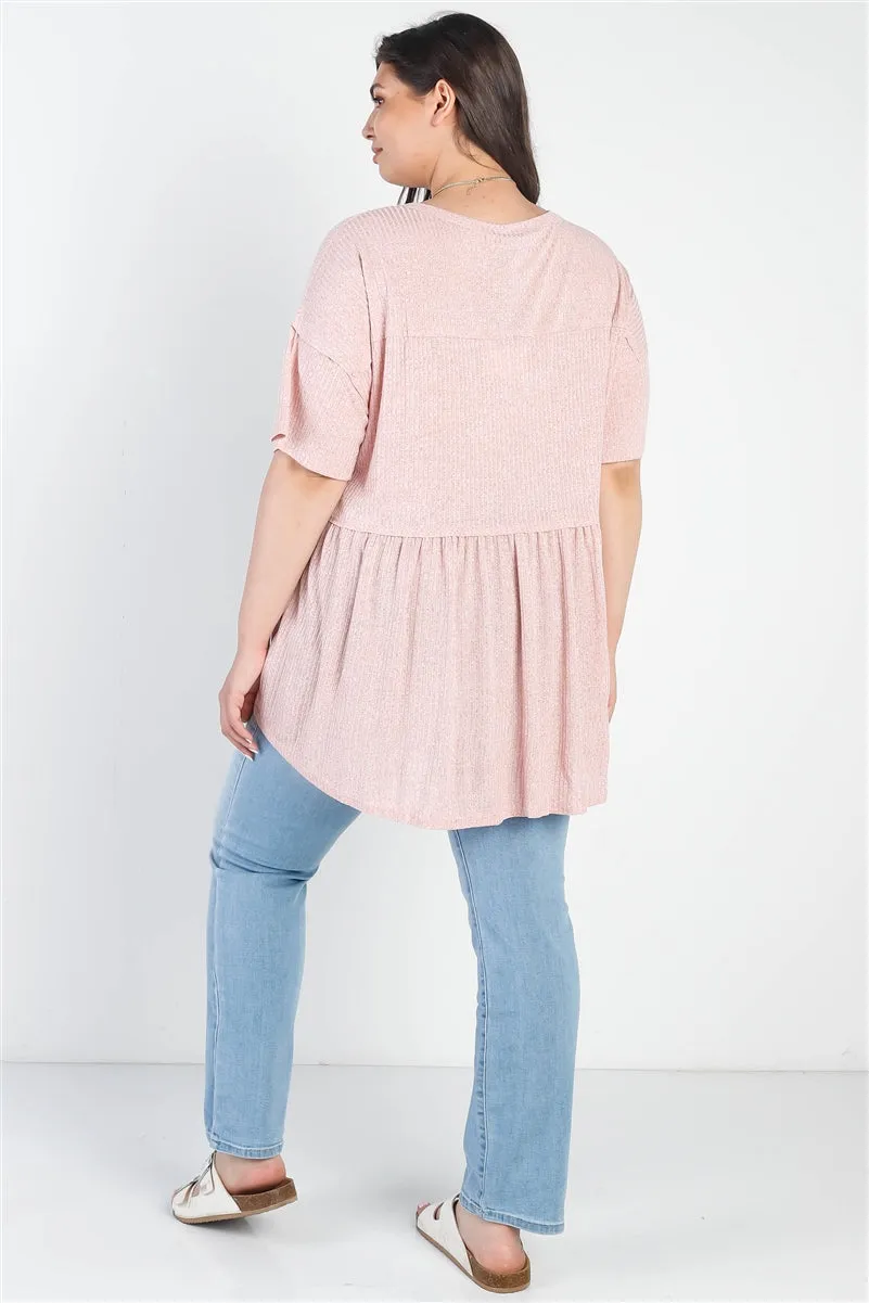 Voluptuous ( ) Plus Ribbed Trim Detail Short Sleeve Flare Hem Top