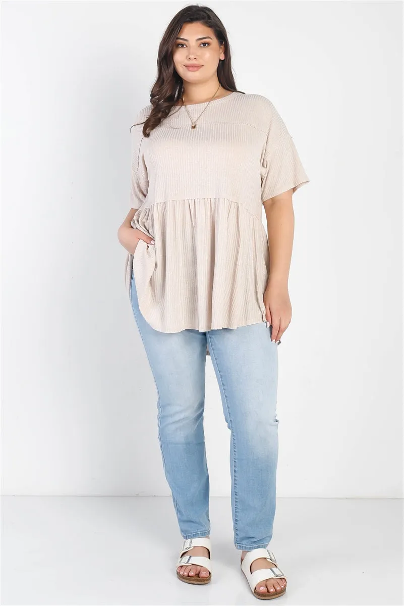 Voluptuous ( ) Plus Ribbed Trim Detail Short Sleeve Flare Hem Top