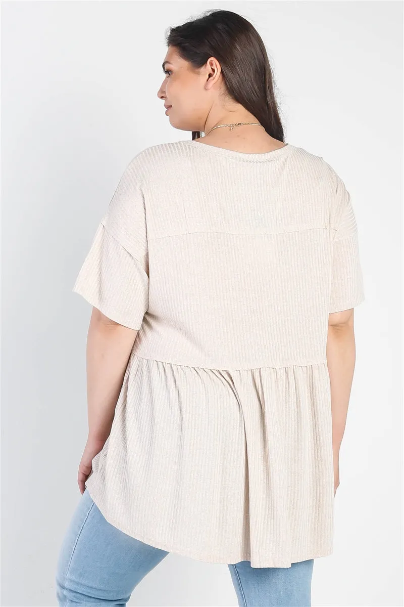 Voluptuous ( ) Plus Ribbed Trim Detail Short Sleeve Flare Hem Top