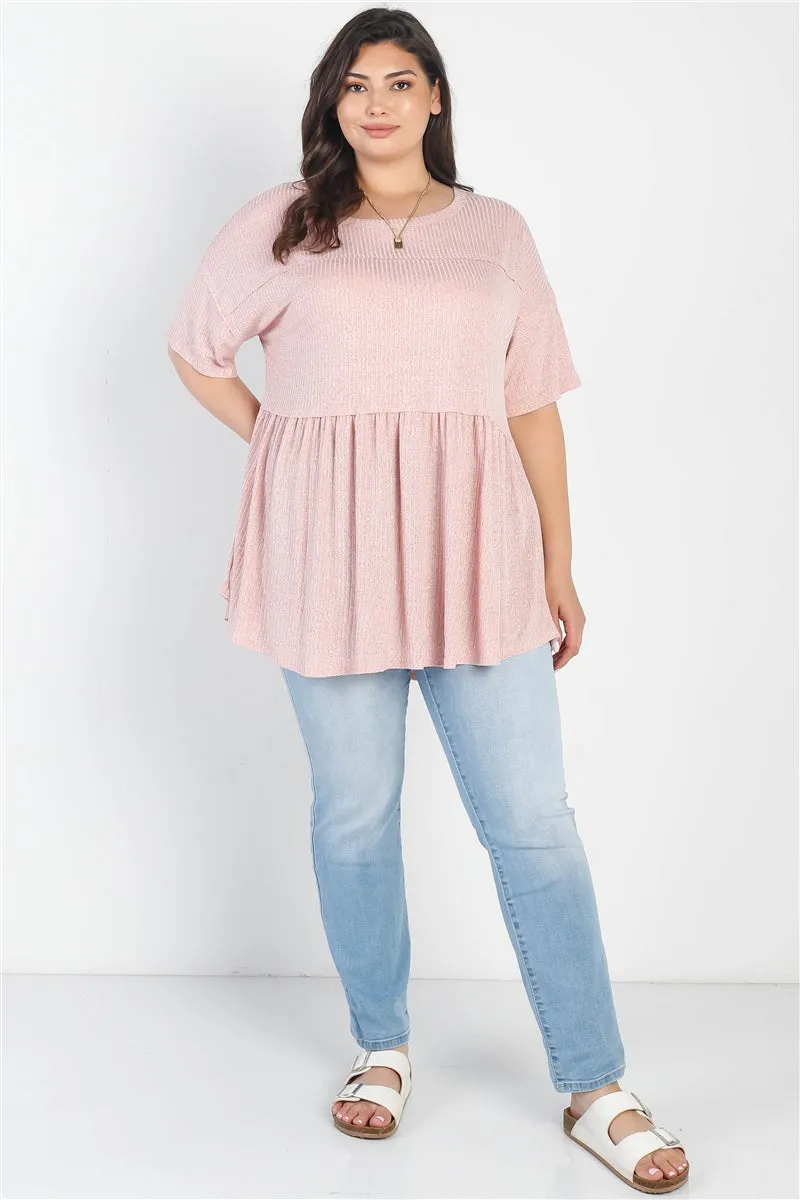 Voluptuous ( ) Plus Ribbed Trim Detail Short Sleeve Flare Hem Top