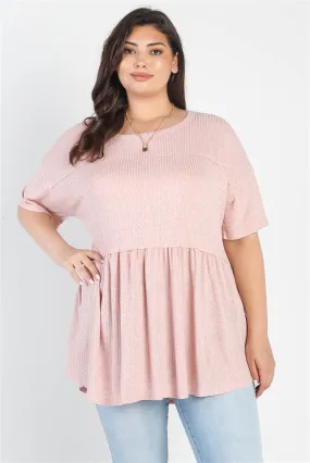 Voluptuous ( ) Plus Ribbed Trim Detail Short Sleeve Flare Hem Top