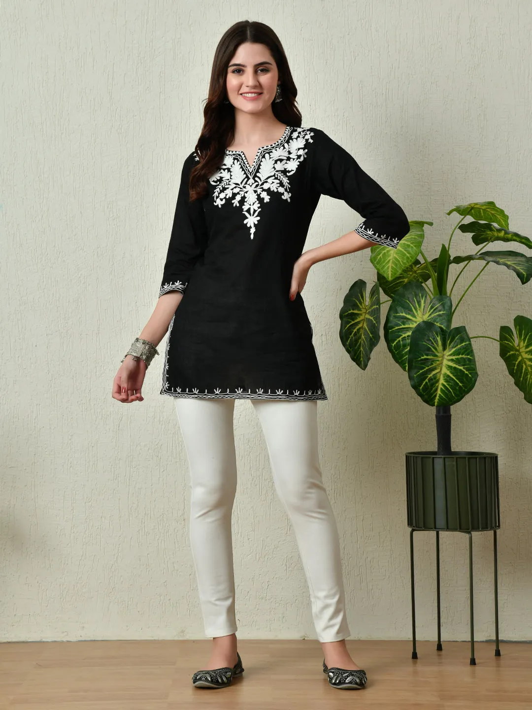 Women Stylish Black Cotton Short Kurti With Elegant Work