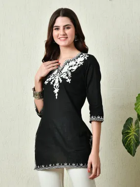 Women Stylish Black Cotton Short Kurti With Elegant Work