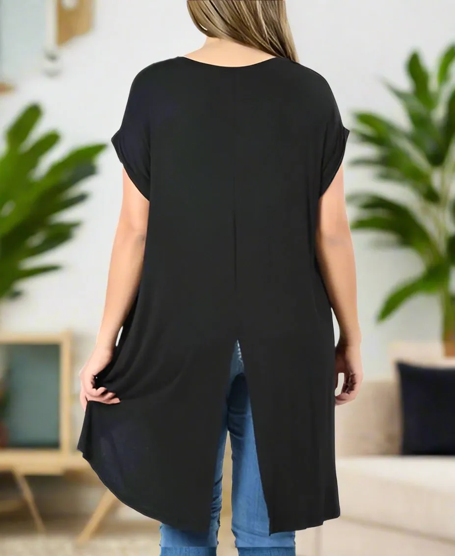 Womens Black Asymmetric Shirt, Trendy Short Sleeve Top, Split Back Shirt, Sizes S/M/L, Black