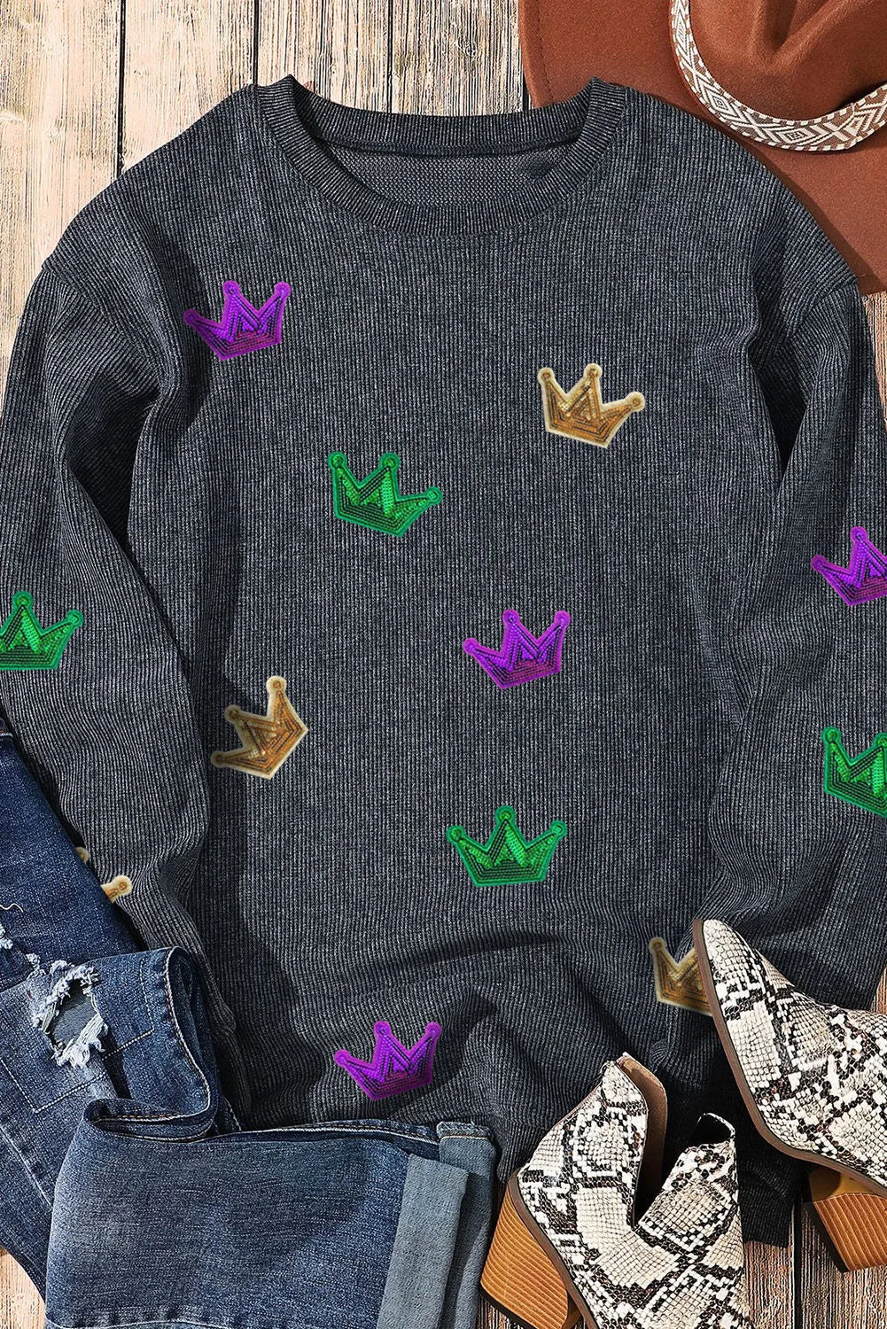 Women's Crown Sequin Patch Corded Baggy Mardi Gras Sweatshirt