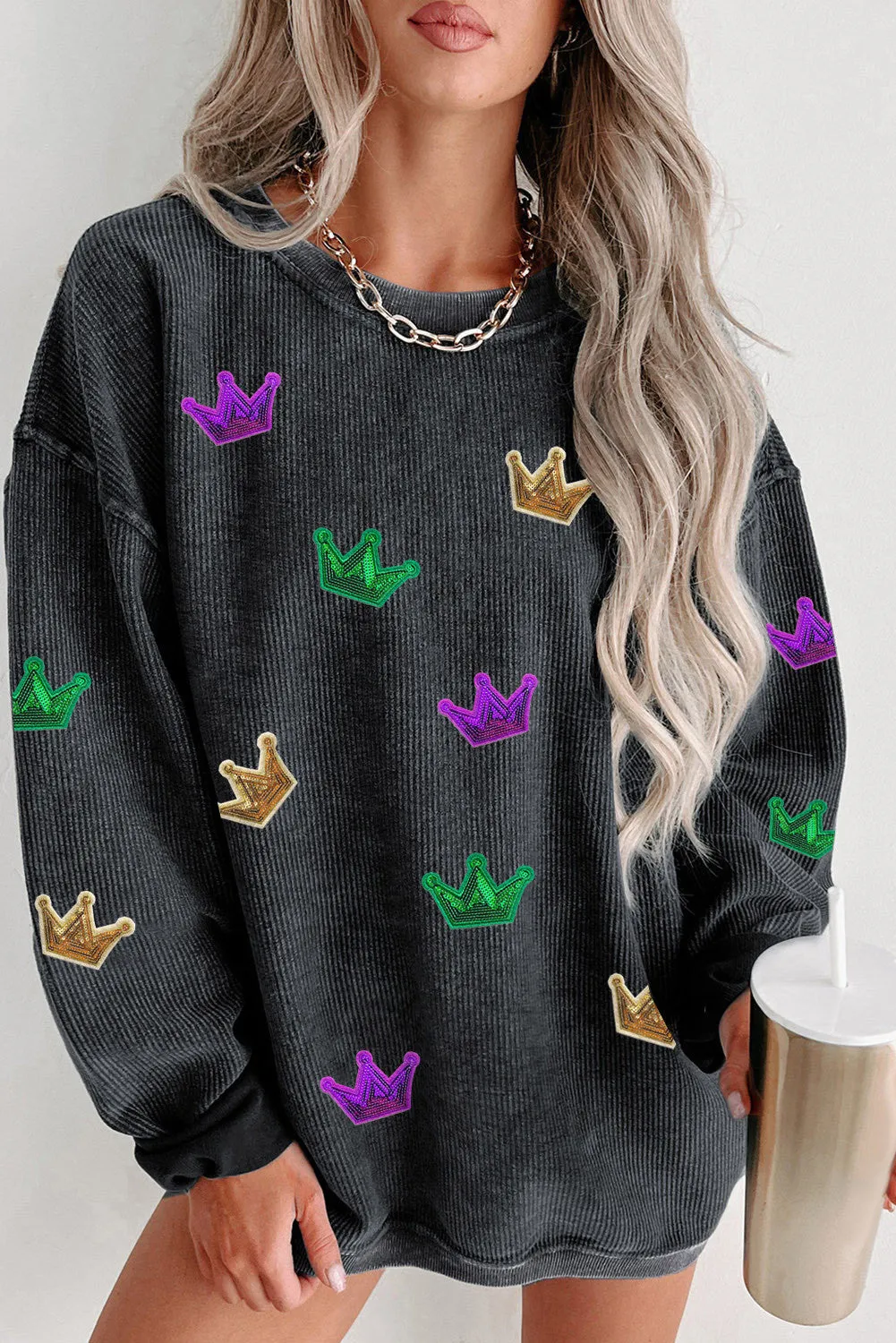 Women's Crown Sequin Patch Corded Baggy Mardi Gras Sweatshirt