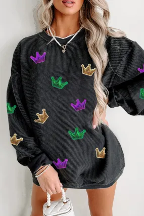 Women's Crown Sequin Patch Corded Baggy Mardi Gras Sweatshirt