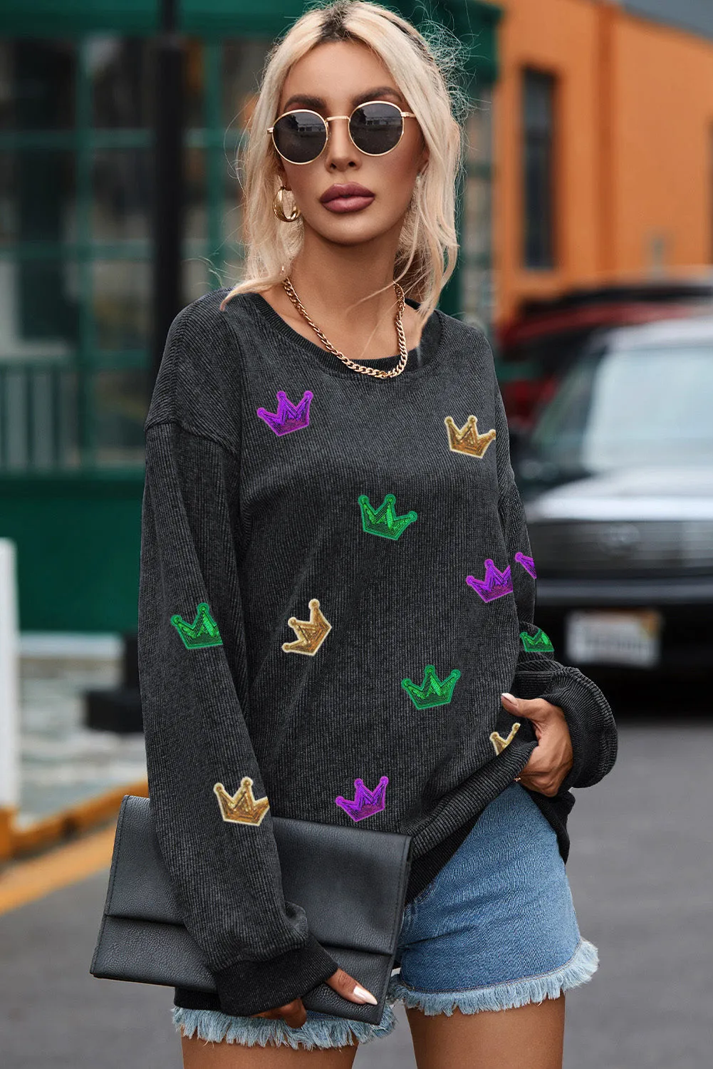 Women's Crown Sequin Patch Corded Baggy Mardi Gras Sweatshirt