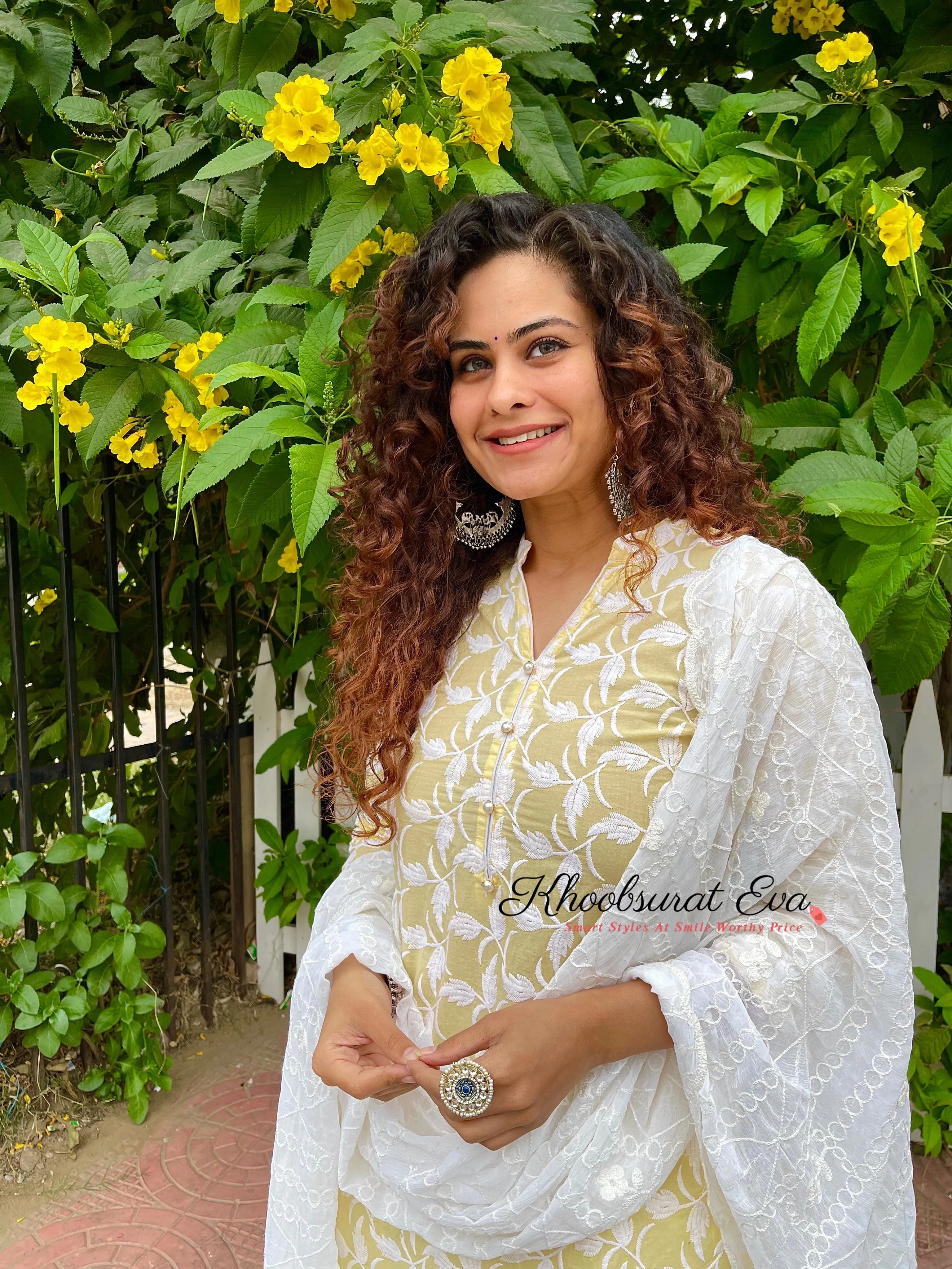 Yellow And White Embroidered Kurta Suit Set