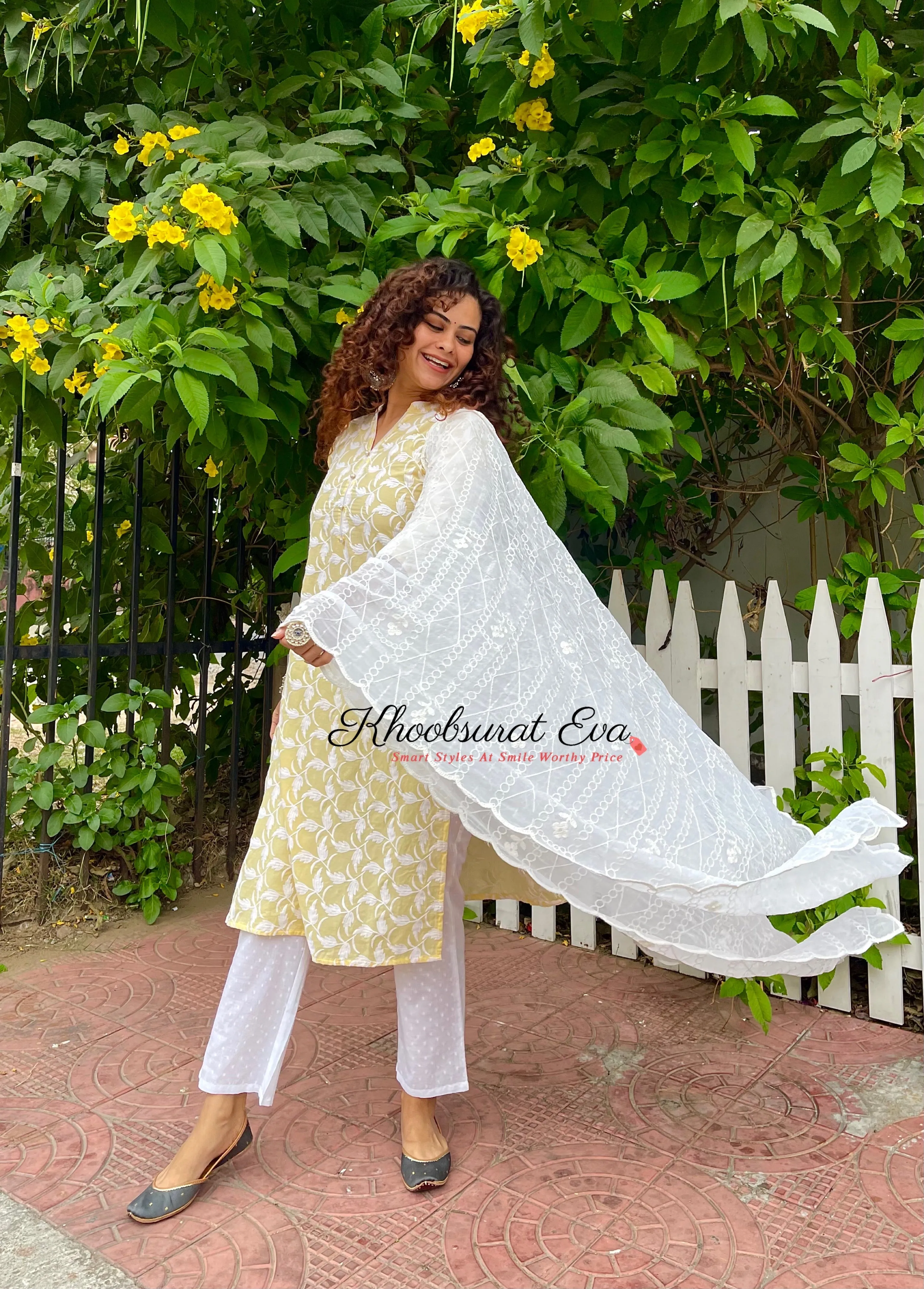 Yellow And White Embroidered Kurta Suit Set