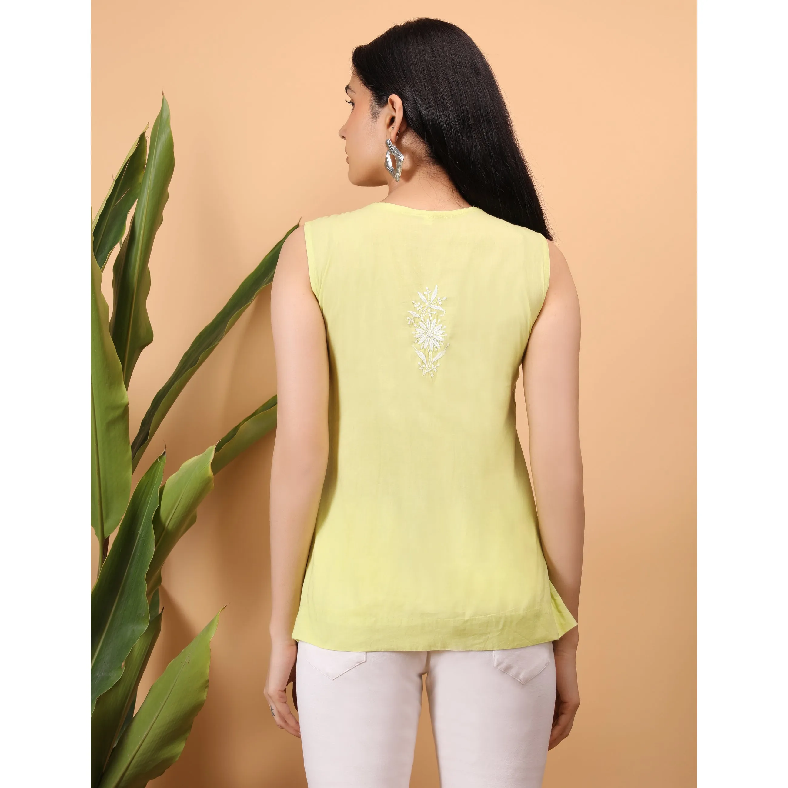 Yellow - Shwet Women Yellow Chikankari Sleevless Yoke Top